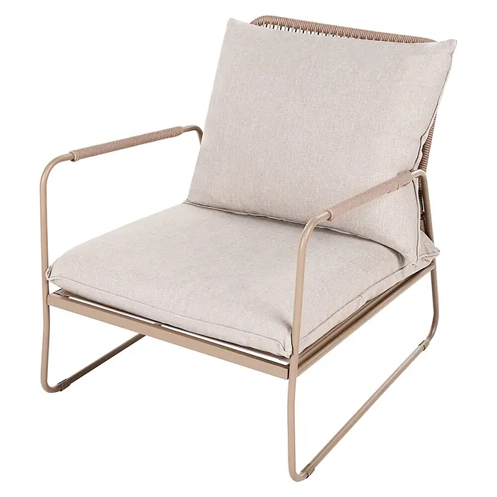 4-tlg Lounge Set ACCEGLIO in Beige -  - Moderner Outdoor-Loungesessel mit hellbeigem Metallrahmen, hellen Stoffkissen und Seildetails an Armlehnen und Rückenlehne.