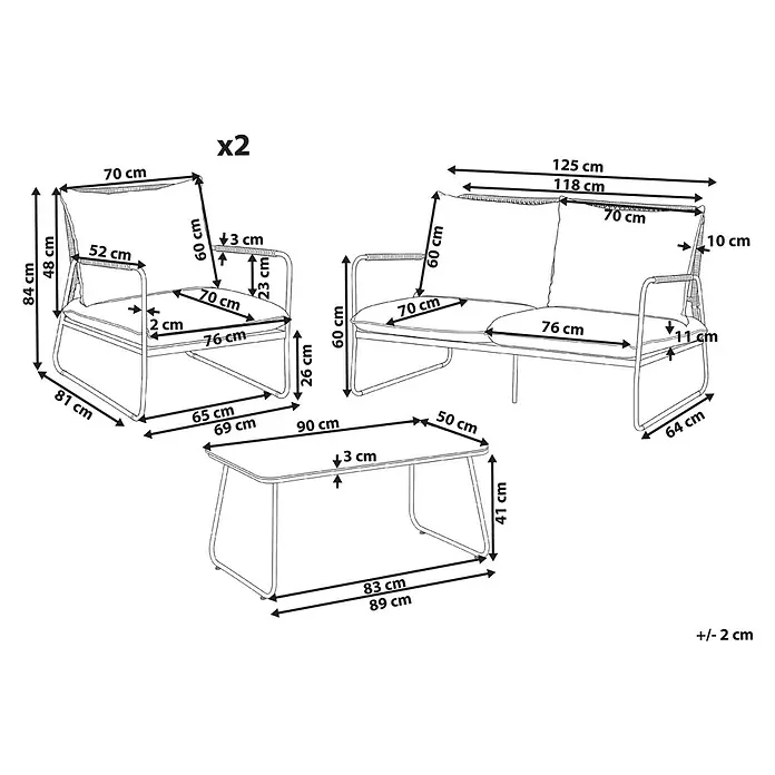 4-tlg Lounge Set ACCEGLIO in Beige -  - Garten Lounge Set mit zwei Sesseln, einem Zweisitzer-Sofa und einem Couchtisch, alle mit Kissen und detaillierten Maßen.