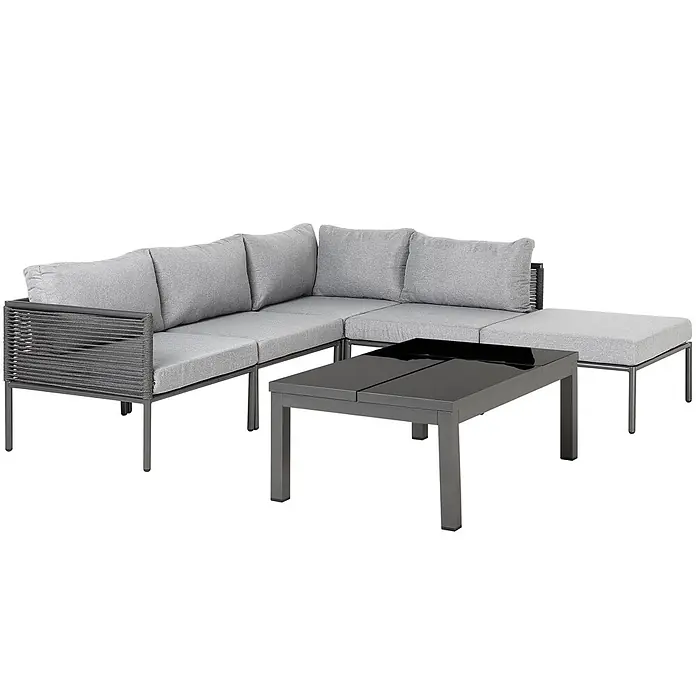 2-tlg Lounge Set FORANO in Grau/Schwarz -  - Graue Outdoor-Loungegruppe mit Ecksofa, Hocker und Couchtisch. Mit geflochtener Armlehne und schwarzer Glasplatte.