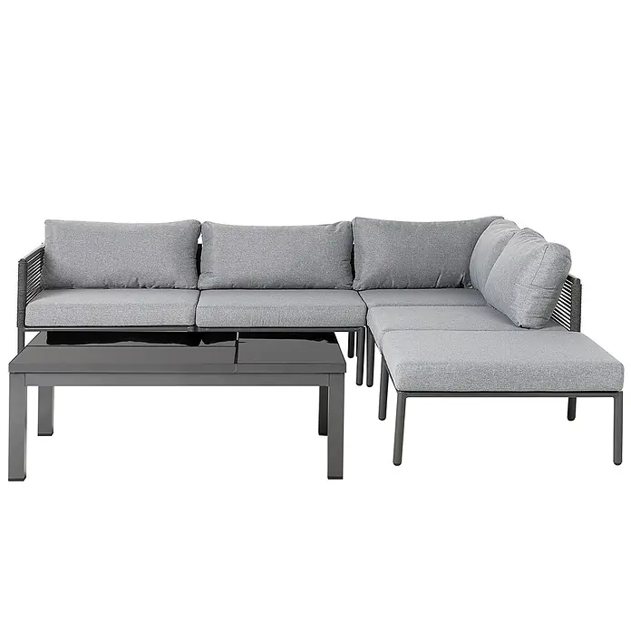 2-tlg Lounge Set FORANO in Grau/Schwarz -  - Graue modulare Outdoor-Sofagarnitur mit L-förmigem Sitzbereich, Hocker und Couchtisch mit dunkler Platte. Metallrahmen und Stoffkissen.