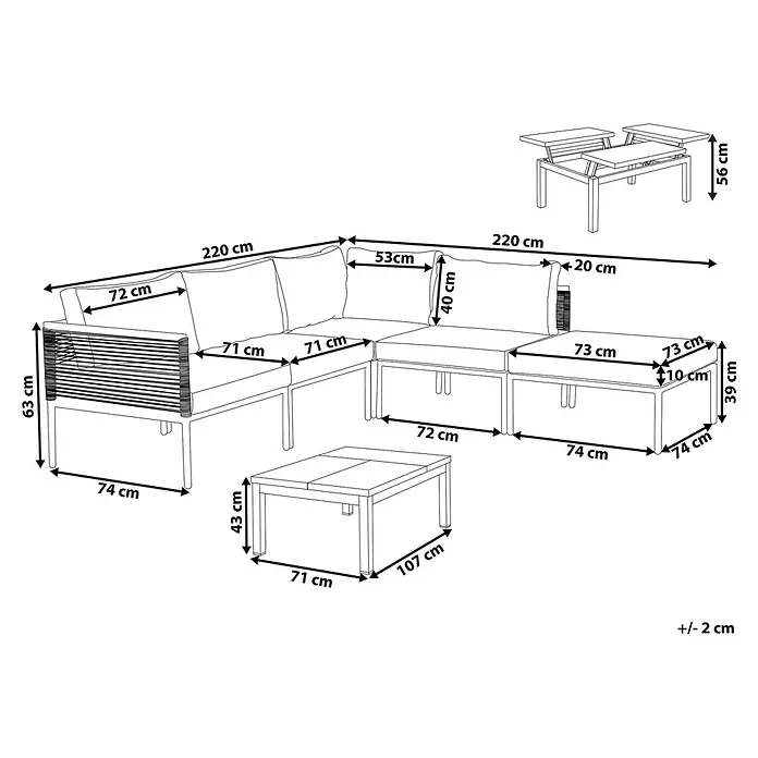 2-tlg Lounge Set FORANO in Grau/Schwarz -  - Bemaßte technische Zeichnung einer Gartenlounge-Gruppe mit Ecksofa und höhenverstellbarem Couchtisch.
