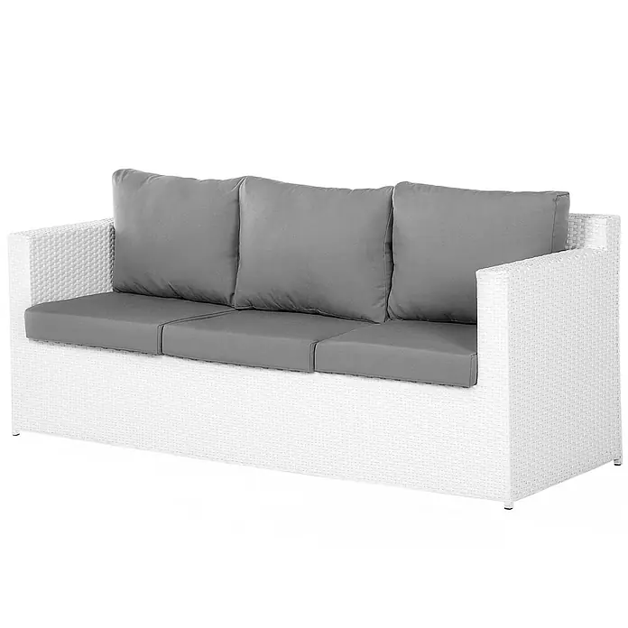 16-tlg Lounge Set ROMA in Weiß/Grau -  - Weißes Rattan-Dreisitzersofa mit dunkelgrauen Sitz- und Rückenkissen.