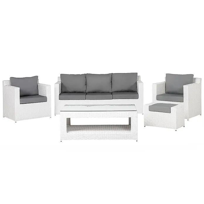 16-tlg Lounge Set ROMA in Weiß/Grau -  - Weißes Rattan-Gartenmöbelset mit grauen Kissen, bestehend aus einem 3-Sitzer-Sofa, zwei Sesseln, einem Hocker und einem Couchtisch.