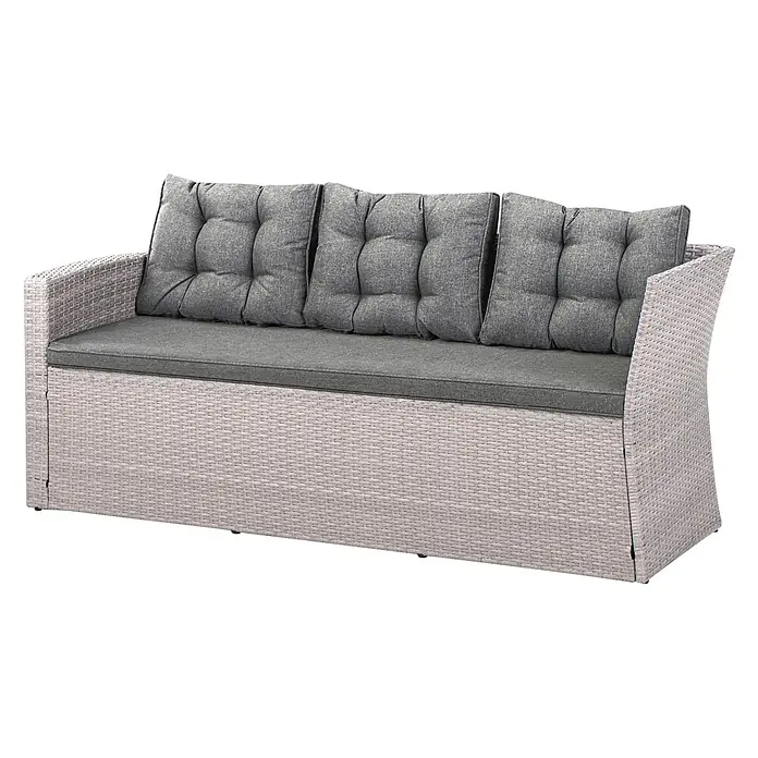 12-tlg Lounge Set VITERBO in Grau -  - Helles grau geflochtenes Rattan-Gartensofa mit dunkelgrauen Kissen.