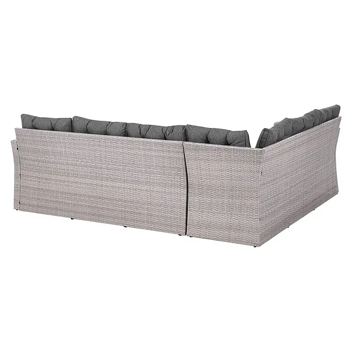 12-tlg Lounge Set VITERBO in Grau -  - Hellgraues Rattan-Ecksofa für draußen mit dunkelgrauen Kissen, Rück- und Seitenansicht.