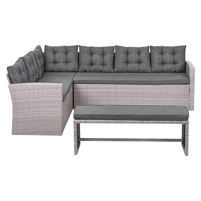 12-tlg Lounge Set VITERBO in Grau -  - Hellgraues Rattan-Look Outdoor Ecksofa mit dunkelgrauen Kissen und passender Bank.