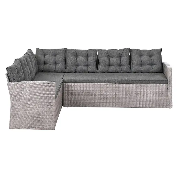 12-tlg Lounge Set VITERBO in Grau -  - L-förmiges Outdoor-Ecksofa mit hellgrauem Rattan-Geflecht und dunkelgrauen Kissen.