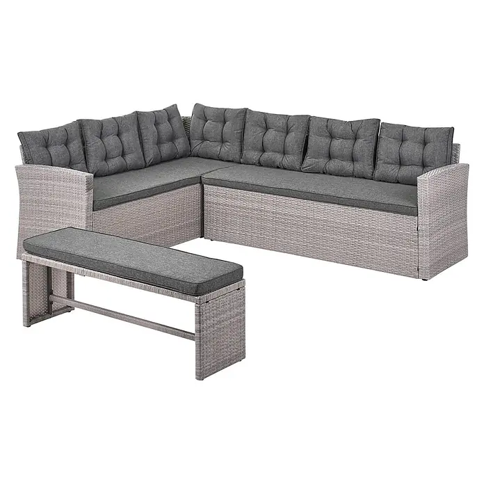 12-tlg Lounge Set VITERBO in Grau -  - Helles, graues Rattan-Ecksofa-Set mit dunkelgrauen Kissen und passender Bank für den Außenbereich.