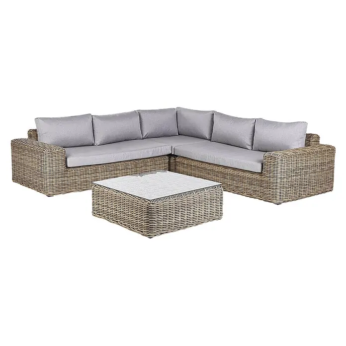 4-tlg Lounge Set PALERMO in Braun/Grau -  - L-förmiges Outdoor-Rattan-Sofa mit grauen Kissen und passendem quadratischem Rattan-Couchtisch mit Glasplatte.