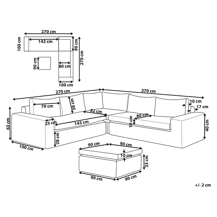 4-tlg Lounge Set PALERMO in Braun/Grau -  - L-förmiges Ecksofa und Ottoman mit detaillierten Maßen.