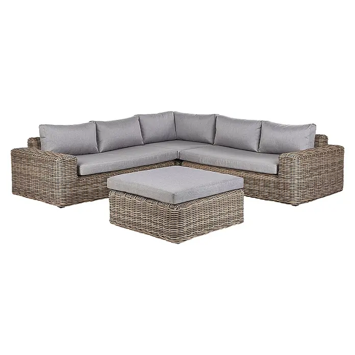 4-tlg Lounge Set PALERMO in Braun/Grau -  - Rattan L-förmiges Outdoor-Ecksofa mit hellgrauen Kissen und passendem Ottoman.