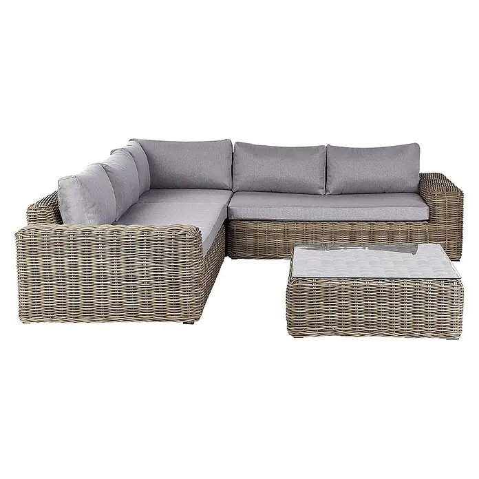 4-tlg Lounge Set PALERMO in Braun/Grau -  - L-förmiges Outdoor-Rattan-Ecksofa mit grauen Polstern und passendem Couchtisch mit Glasplatte.