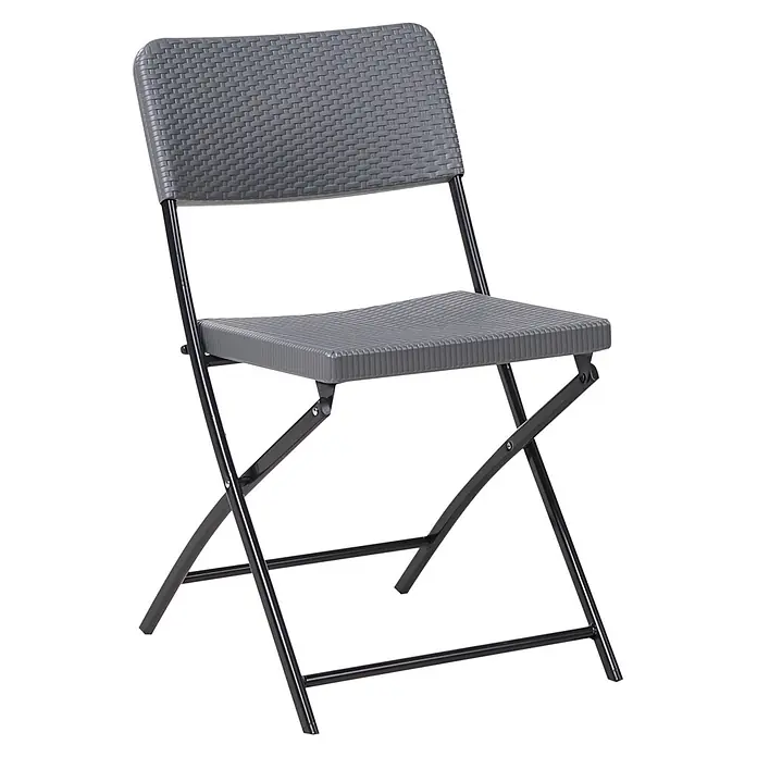 3-tlg Bistro Set TRAPPETO in Grau/Schwarz -  - Grauer Klappstuhl aus Kunststoff mit geflochtener Textur auf Sitz und Rückenlehne und schwarzen Metallbeinen.