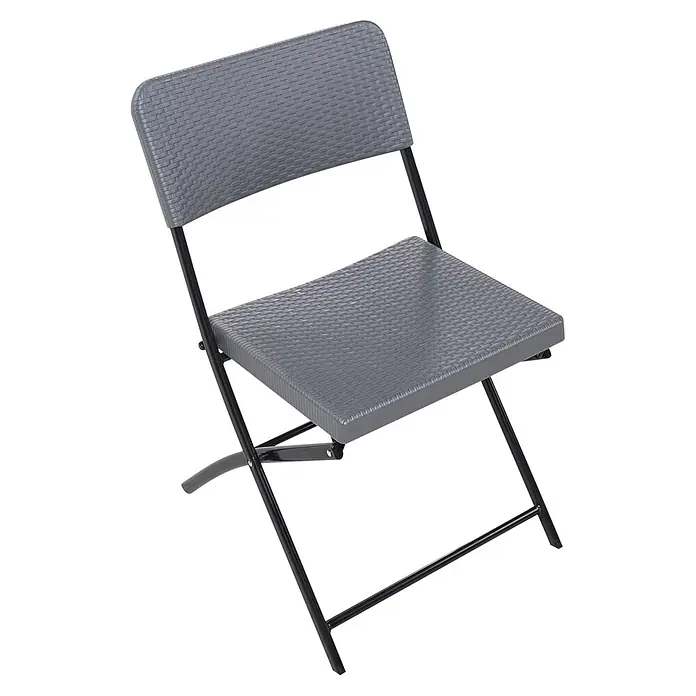 3-tlg Bistro Set TRAPPETO in Grau/Schwarz -  - Grauer Klappstuhl mit geflochtener Textur auf Sitz und Rückenlehne, schwarzes Metallgestell für platzsparende Aufbewahrung.