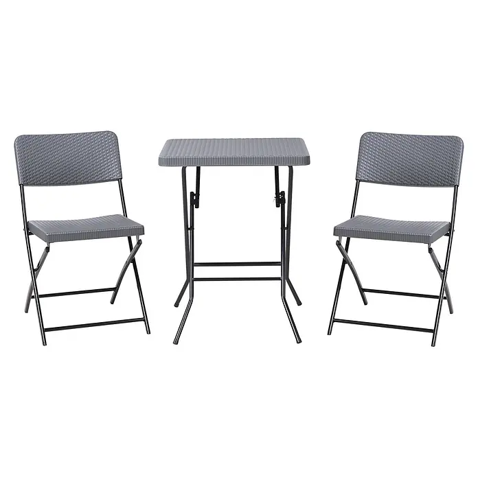 3-tlg Bistro Set TRAPPETO in Grau/Schwarz -  - Zwei graue Klappstühle aus Kunststoff mit schwarzen Metallrahmen flankieren einen passenden grauen Klapptisch mit geflochtener Textur.