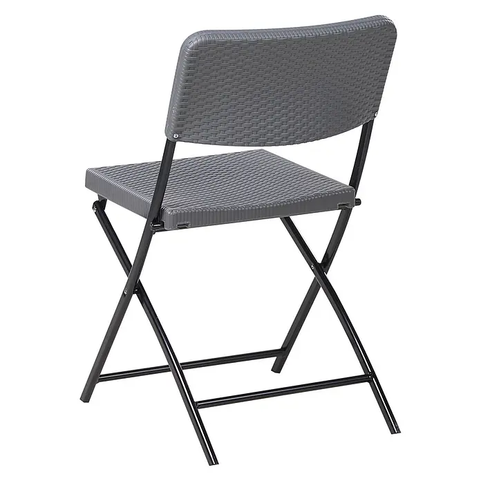 3-tlg Bistro Set TRAPPETO in Grau/Schwarz -  - Grauer Kunststoff-Klappstuhl mit geflochtener Sitzfläche und Rückenlehne sowie schwarzem Metallrahmen.