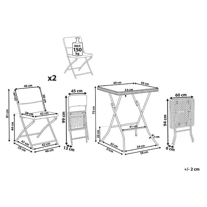 3-tlg Bistro Set TRAPPETO in Schwarz -  - Klapptisch und zwei Klappstühle aus Kunststoff und Metall (max. 150 kg pro Stuhl), mit Maßangaben.