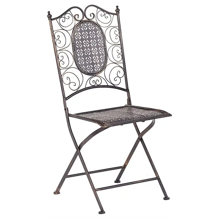 3-tlg Bistro Set BORMIO in Schwarz/Gold -  - Distressed dunkelbronzefarbener Metallklappstuhl mit Zierornamenten und gemusterten Details an Rückenlehne und Sitz.