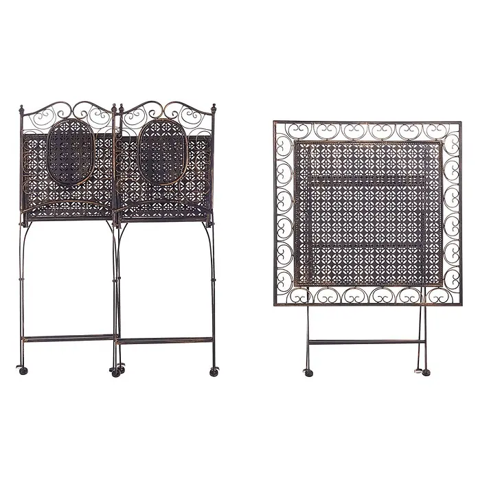 3-tlg Bistro Set BORMIO in Schwarz/Gold -  - Zwei verzierte dunkle Metall-Bäckereiregale mit Goldakzenten, verschnörkelter Ornamentik und gemusterten Gitterböden, beide auf Rollen.