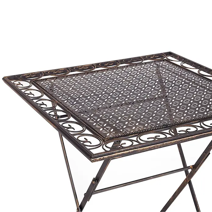 3-tlg Bistro Set BORMIO in Schwarz/Gold -  - Dunkelbronzefarbener klappbarer Gartentisch aus Metall mit verschnörkelter Kante und perforierter Platte.