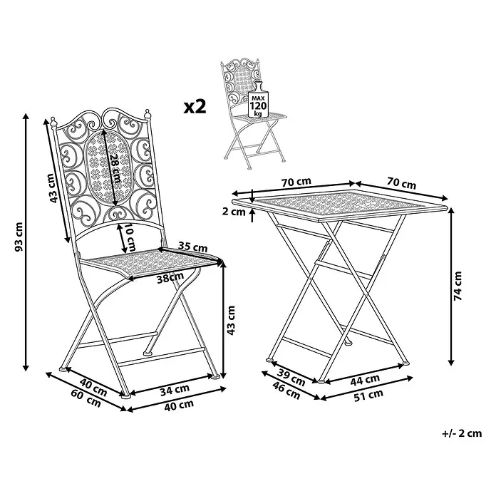 3-tlg Bistro Set BORMIO in Schwarz/Gold -  - Klappbares Bistro-Set aus schwarzem Metall: 2 Stühle (max. 120kg) und 1 Tisch mit Zierschnörkeln.