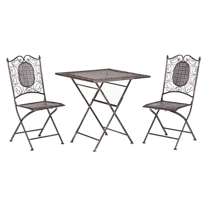 3-tlg Bistro Set BORMIO in Schwarz/Gold -  - Dekoratives antik bronzefarbenes Metall-Bistroset mit rechteckigem Tisch und zwei Stühlen mit Zierelementen und gemusterten Sitzen.