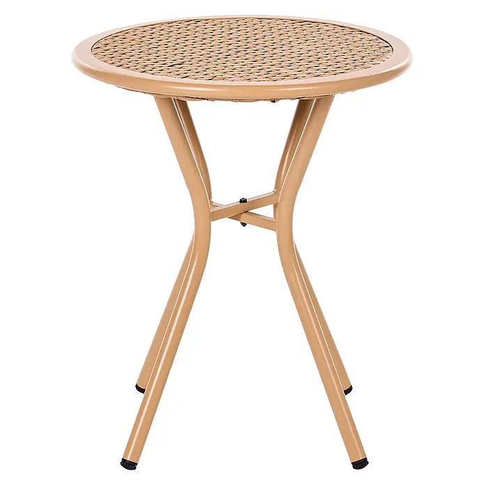 7-tlg Bistro Set FERLA in Braun/Weiß -  - Runder beigefarbener Metall-Terrassentisch mit geflochtener Platte.