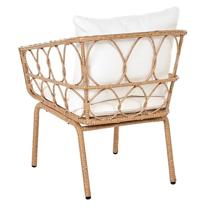 7-tlg Bistro Set FERLA in Braun/Weiß -  - Brauner Sessel im Rattan-Stil mit weißen Kissen und geflochtenem Muster für den Außenbereich.