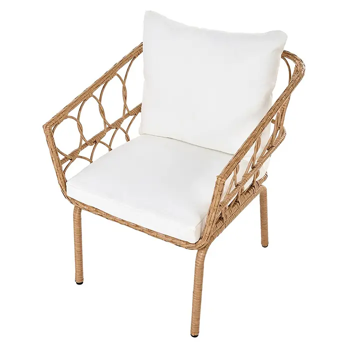 7-tlg Bistro Set FERLA in Braun/Weiß -  - Hellbrauner Outdoor-Sessel aus Geflecht mit weißen Sitz- und Rückenkissen.