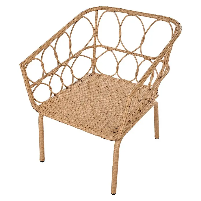 7-tlg Bistro Set FERLA in Braun/Weiß -  - Hellbrauner Korbstuhl mit geflochtener Sitzfläche und kreisförmigem Muster an Rückenlehne und Armlehnen.