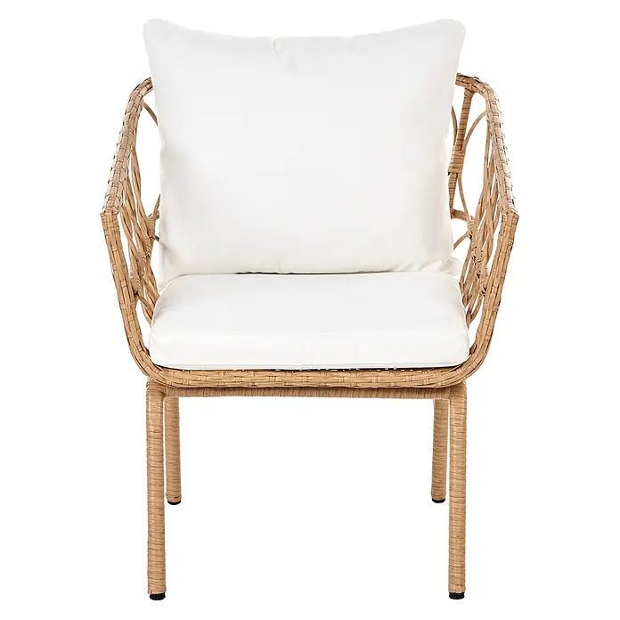 7-tlg Bistro Set FERLA in Braun/Weiß -  - Natürlicher Stuhl in Rattan-Optik mit weißen Sitz- und Rückenkissen.