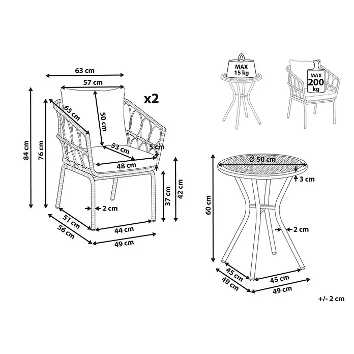 7-tlg Bistro Set FERLA in Braun/Weiß -  - Strichzeichnung einer Garten-Bistrogarnitur: zwei Stühle mit Kissen und ein runder Tisch. Detaillierte Maße und Tragfähigkeiten sind angegeben.