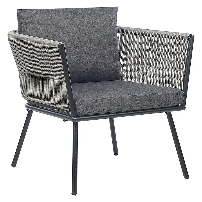 3-tlg Bistro Set GARGANO in Grau/Schwarz -  - Dunkelgrauer Sessel mit Metallgestell, geflochtener Rückenlehne und Armlehnen sowie dunkelgrauen Stoffkissen.
