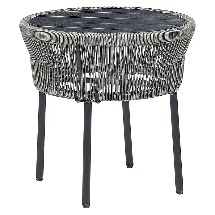 3-tlg Bistro Set GARGANO in Grau/Schwarz -  - Runder Outdoor-Beistelltisch mit grauem Korbgeflecht-Unterteil, dunkelgrauer Lattenplatte und schwarzen Metallbeinen.