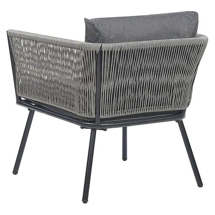 3-tlg Bistro Set GARGANO in Grau/Schwarz -  - Loungesessel aus geflochtenem Seil mit dunkelgrauem Metallrahmen und Kissen.