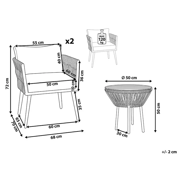 3-tlg Bistro Set GARGANO in Grau/Schwarz -  - Zwei geflochtene Sessel und ein passender Beistelltisch mit Maßen, geeignet für den Außenbereich. Sessel tragen max. 120 kg.
