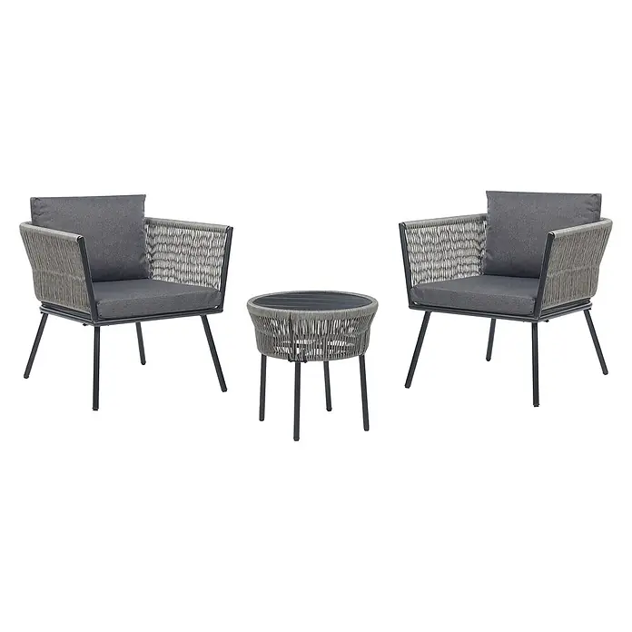 3-tlg Bistro Set GARGANO in Grau/Schwarz -  - Outdoor-Bistro-Set: zwei Stühle aus grauem Seilgeflecht mit dunklen Kissen und ein passender runder Tisch mit Lattenplatte.