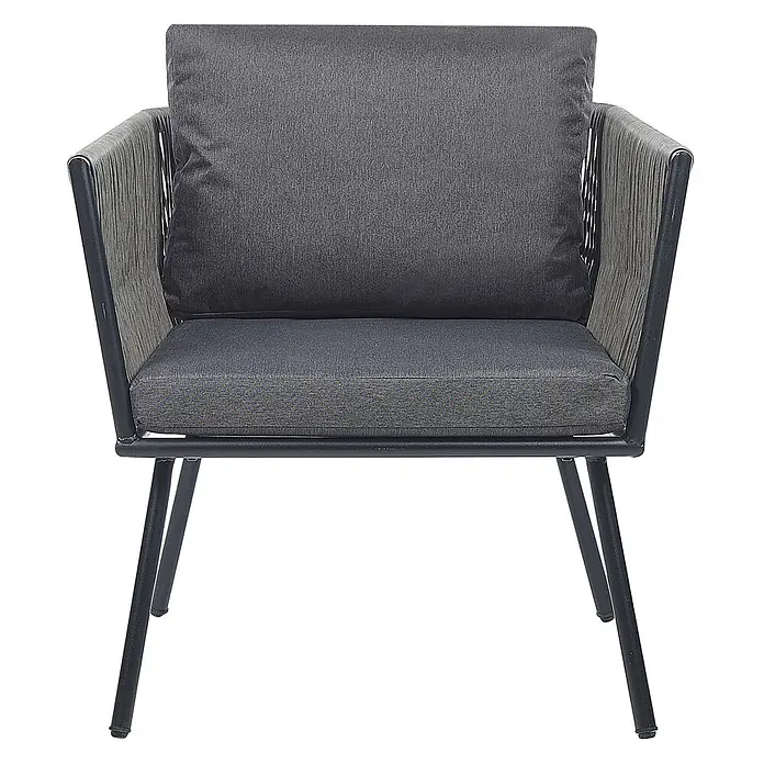 3-tlg Bistro Set GARGANO in Grau/Schwarz -  - Dunkelgrauer Sessel mit geflochtenen Seilarmlehnen, passenden Stoffkissen und Metallgestell.