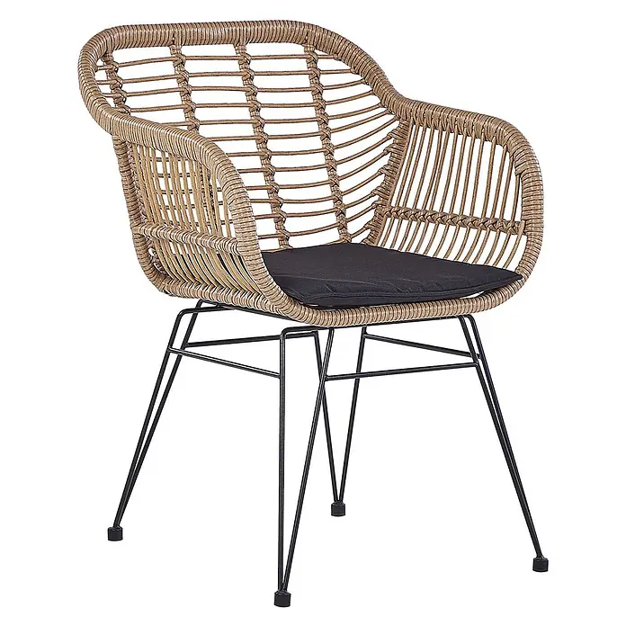 5-tlg Bistro Set TROPEA II in Braun/Schwarz -  - Brauner Sessel im Rattan-Stil mit schwarzem Kissen und schwarzen Metallbeinen.