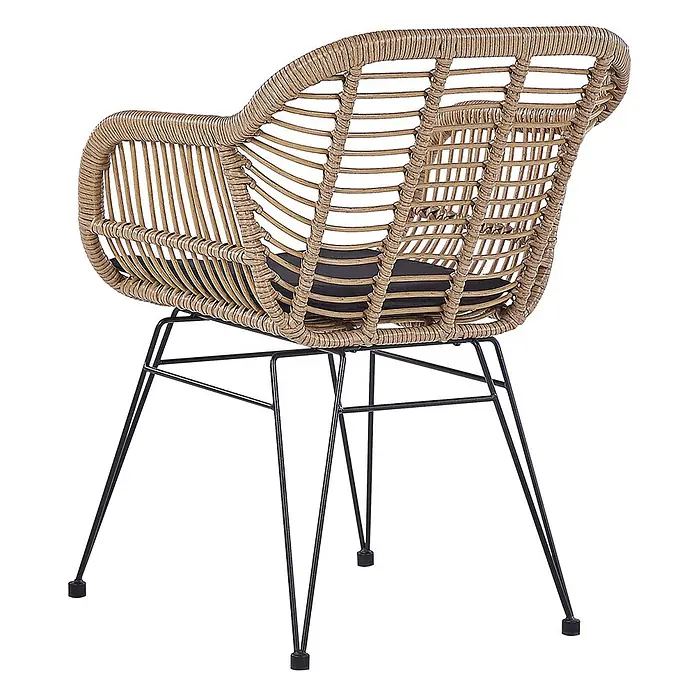 5-tlg Bistro Set TROPEA II in Braun/Schwarz -  - Geflochtener Rattanstuhl mit schwarzen Metallbeinen und dunklem Kissen.