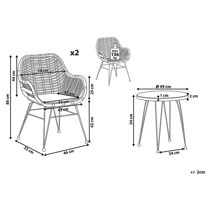 5-tlg Bistro Set TROPEA II in Braun/Schwarz -  - Bistro-Set mit zwei Korbstühlen (max. 136 kg) und einem runden Tisch, Maße angegeben.