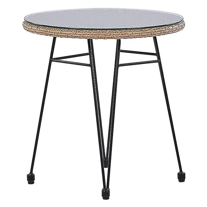 5-tlg Bistro Set TROPEA II in Braun/Schwarz -  - Runder Tisch mit Glasplatte, naturfarbenem Rattangeflecht und schwarzen Metall-Haarnadelbeinen.