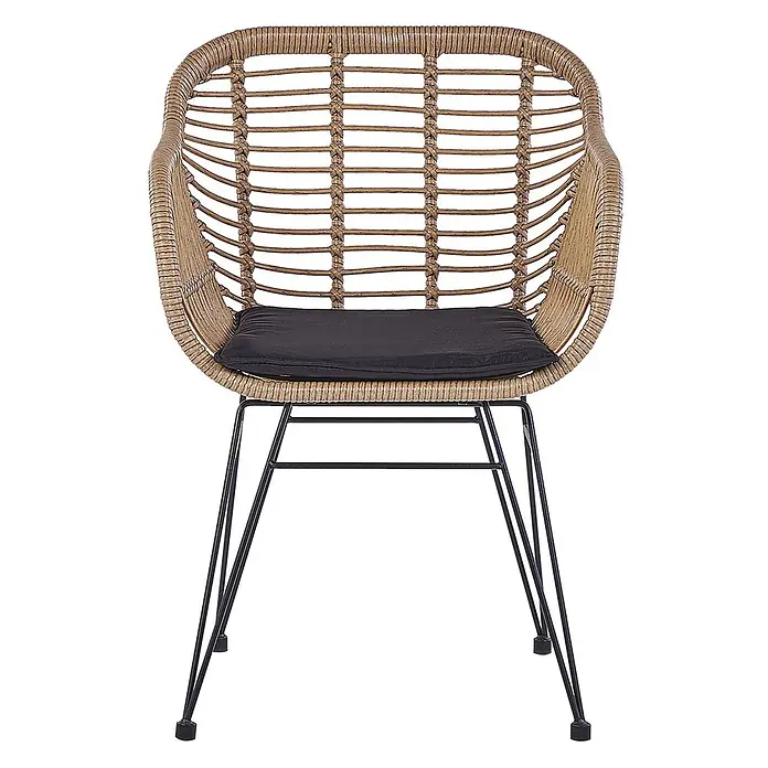 5-tlg Bistro Set TROPEA II in Braun/Schwarz -  - Stuhl aus geflochtenem Rattan-Look mit schwarzen Metallbeinen und schwarzem Kissen.
