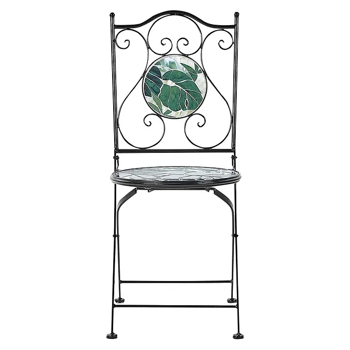 2-tlg Bistro Set COZZANA in Schwarz/Grün -  - Schwarzer Stuhl aus Schmiedeeisen mit dekorativer Mosaiklehne und Sitzfläche, für den Außenbereich geeignet.
