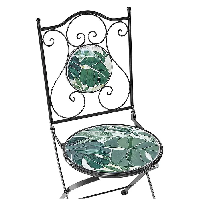 2-tlg Bistro Set COZZANA in Schwarz/Grün -  - Schwarzer Schmiedeeisen Gartenstuhl mit grünem Blattmosaik auf Sitz und Rückenlehne.