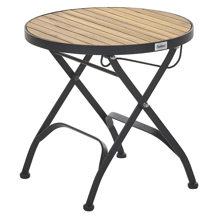 3-tlg Bistro Set LASCARI in Braun/Schwarz -  - Runder Gartentisch mit Lattenplatte aus hellem Holz und schwarzem Metall-Klappgestell.