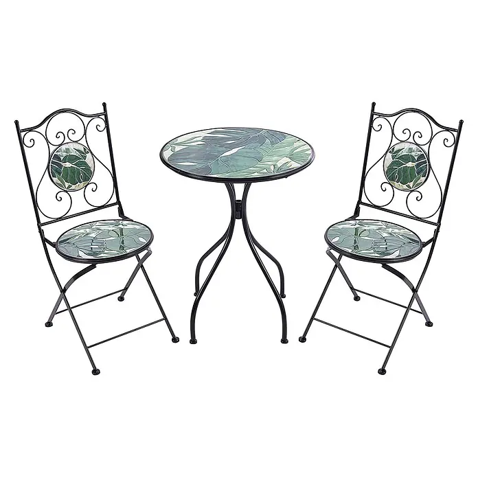 2-tlg Bistro Set COZZANA in Schwarz/Grün -  - Schwarzes Metall-Bistro-Set mit zwei Stühlen und einem runden Tisch, alle mit grünem Blattmuster.