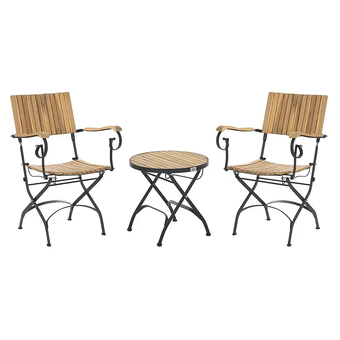 3-tlg Bistro Set LASCARI in Braun/Schwarz -  - Klappbares Bistro-Set aus Holz und dunklem Metall mit zwei Stühlen und einem runden Tisch.