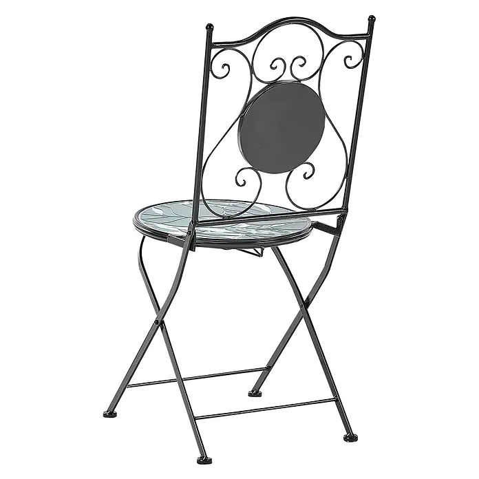 2-tlg Bistro Set COZZANA in Schwarz/Grün -  - Schwarzer Metall-Klappstuhl mit verziertem Rücken und gemusterter Glasplatte.