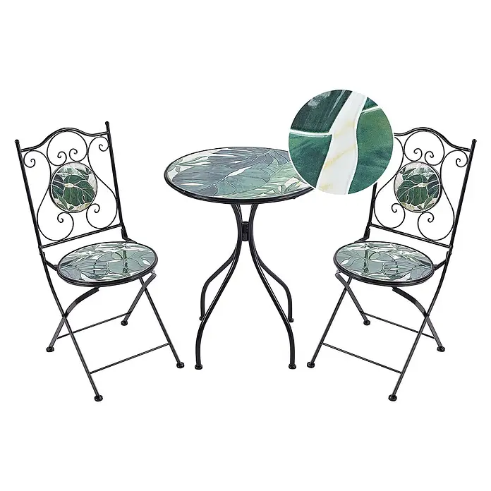 2-tlg Bistro Set COZZANA in Schwarz/Grün -  - Bistro-Set aus schwarzem Metall: ein Tisch und zwei Klappstühle mit grünen tropischen Blattmustern.